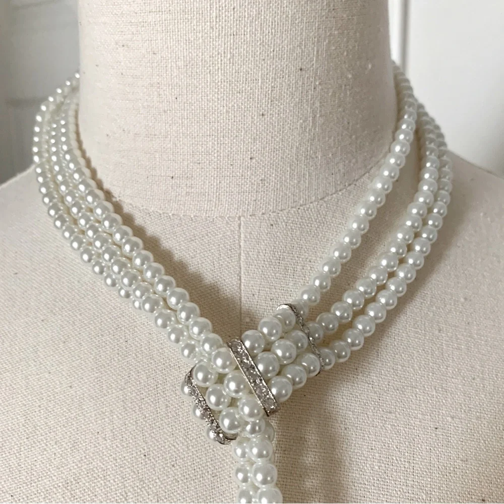 🐚 Triple Strand Glass Pearl Crystals Lariat Choker Statement Necklace - Picture 2 of 7